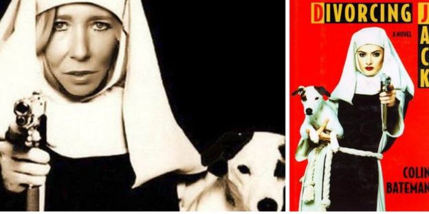 Composite image showing Sally-Anne Jones' 'nun-with-a-gun' picture and the cover of Divorcing Jack