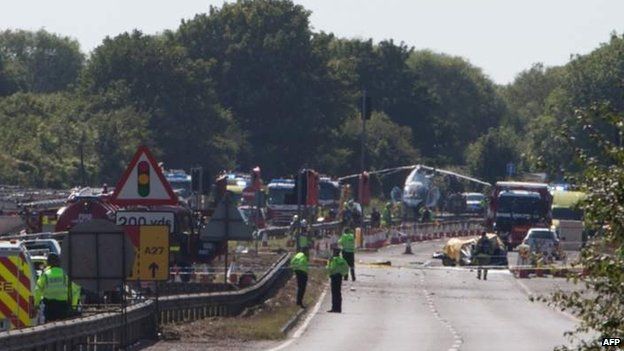 The A27 after the plane crash, covered in debris