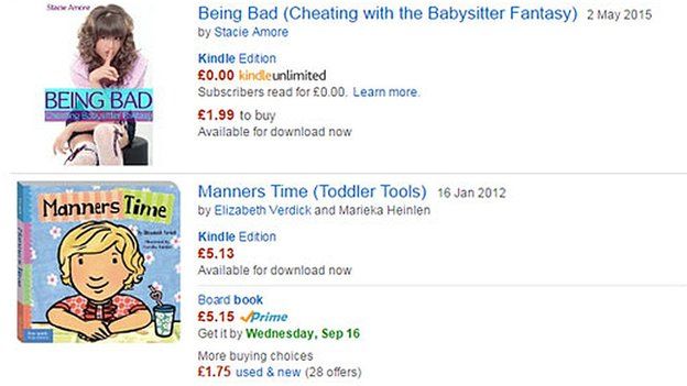 Amazon screen grab of sexually explicit literature next to books for children