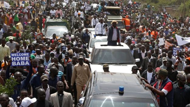 Kenyan opposition leader Raila Odinga of the National Super Alliance (NASA) coalition is welcomed by his supporters upon his return in Nairobi, Kenya on 17 November 2017