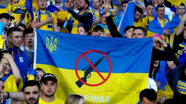 Anti-war banners and flags were displayed by many Ukraine fans inside Hampden