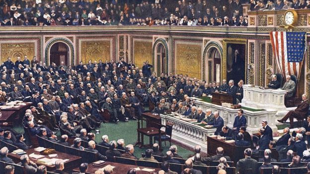 El presidente Woodrow Wilson en el Congreso, el día de la Declaración de Guerra a Alemania.