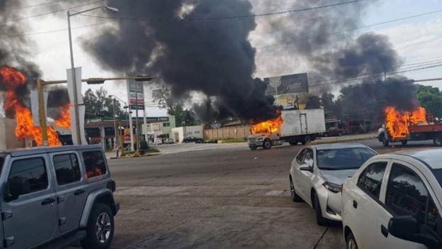 Burning vehicles in CuliacÃ¡n, Mexico. Photo: 17 October 2019