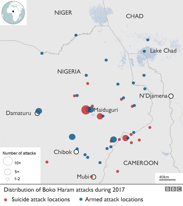 Distribution of Boko Haram attacks in 2017