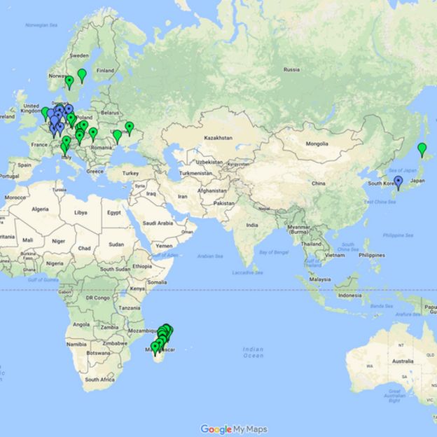 Mapa de distribución del cangrejo de mármol (Fuente: Zen Faulkes / Google Maps).