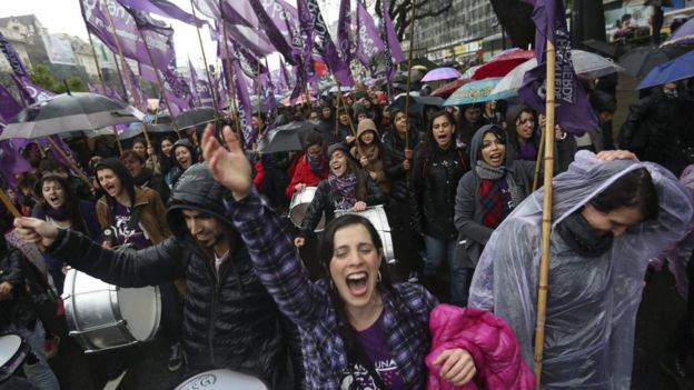 Protesters from the Ni Una Menos (Not One Less) campaign against domestic violence in Argentina