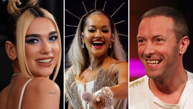 Dua Lipa, Rita Ora and Chris Martin