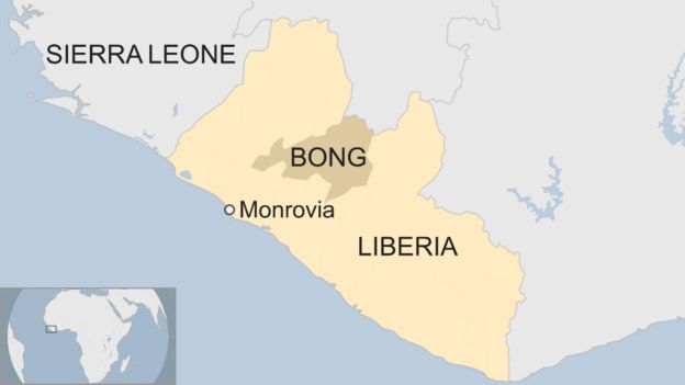 A map of Liberia, showing the capital, Monrovia, and Bong county