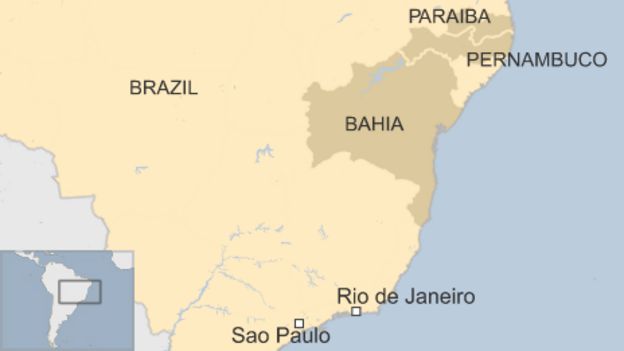 Map showing location of states of Bahia, Paraiba and Pernambuco in Brazil