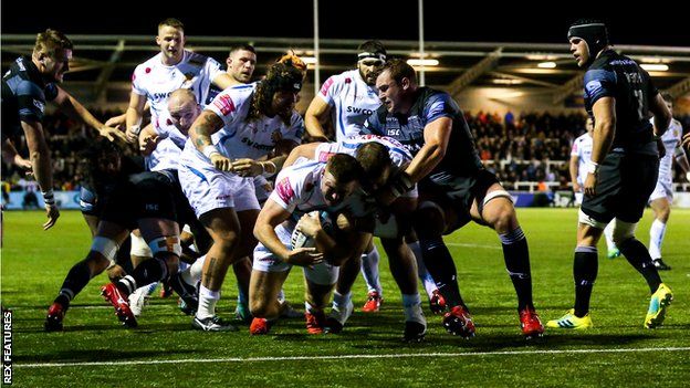 Sam Simmonds powers over the try line for Exeter against Newcastle