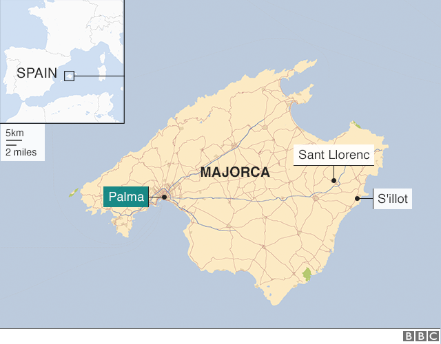 Map shows the towns of Sant Llorenç des Cardassar and S'illot on the Spanish island of Majorca