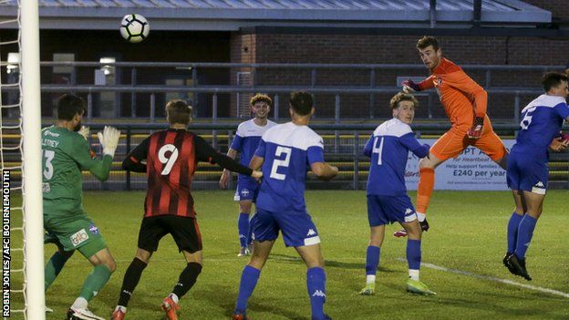 Mark Travers scores an equaliser for Bournemouth against Eastleigh