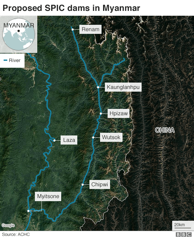 Satellite map of the seven dams including the Myitsone