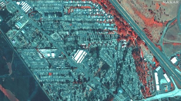 A colour infrared satellite image shows destroyed homes after the Alameda Fire in Phoenix, Oregon, US, on 9 September 2020