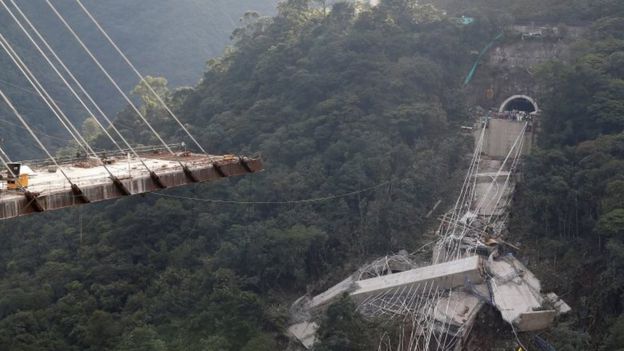 View of a bridge under construction that collapsed leaving dead and injured workers in Chirajara near Bogota, Colombia January 15, 2018.