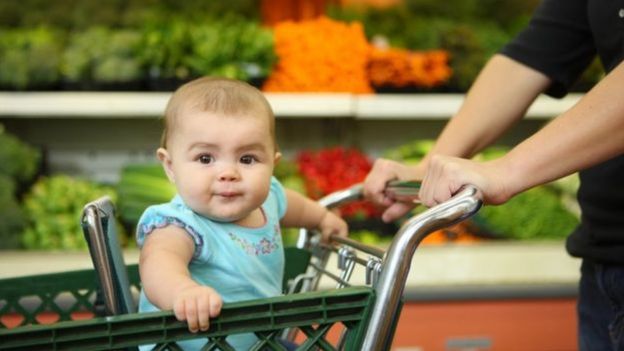 Criança em carrinho de supermercado