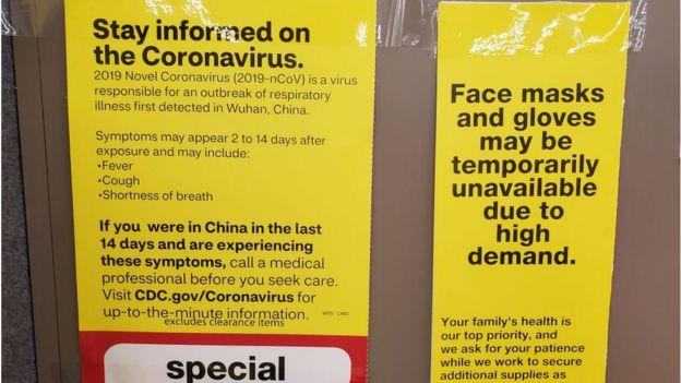 Coronavirus warnings at a pharmacy in California