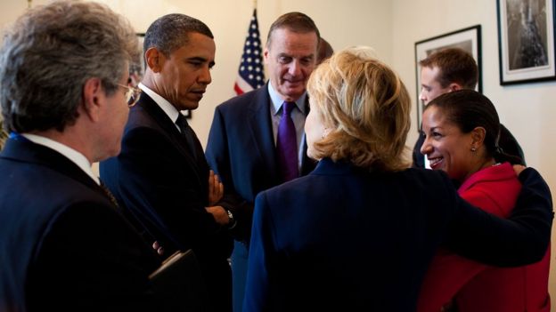 Susan Rice, shown standing with President Obama, Secretary of State Hillary Clinton and others, spoke publicly about the Benghazi attacks on national television