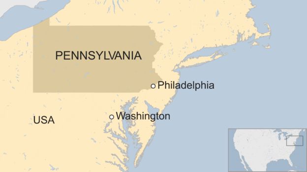 A map showing where the US city of Philadelphia is