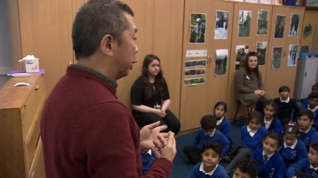John Au delivers assembly at Lawrence Community Primary School, Liverpool