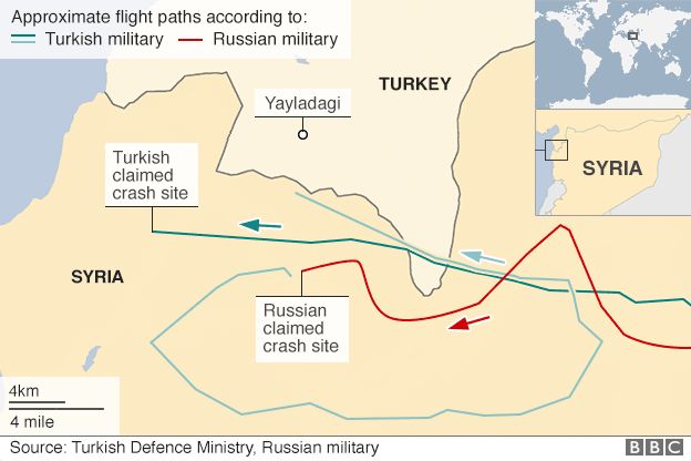 Map of purported flight path of Russian Su-24 shot down by Turkish military on 24 November 2015 according to Russian and Turkish militaries
