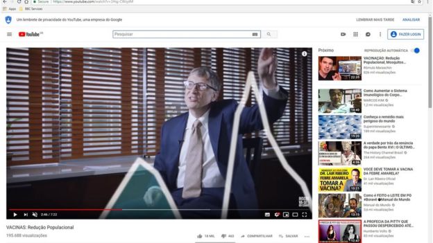 Print de propaganda em vídeo antivacina no YouTube