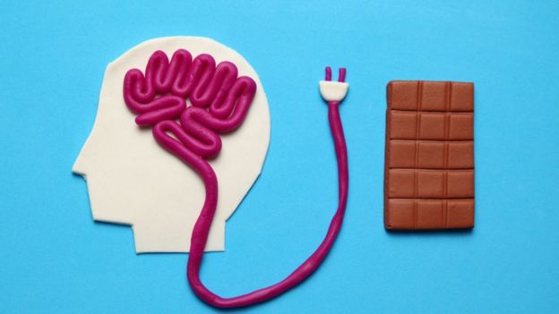 Ilustracao mostra cerebro e uma barra de chocolate