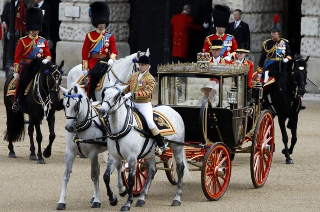 The Queen at Trooping the Colour in a horse-drawn carriage