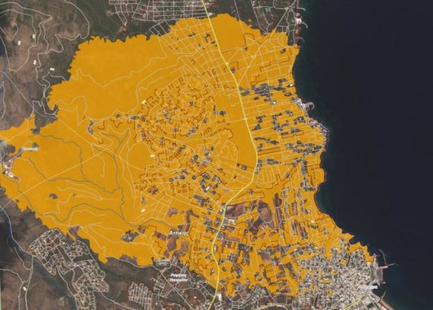 Copernicus image of destruction in the Mati and Rafina areas