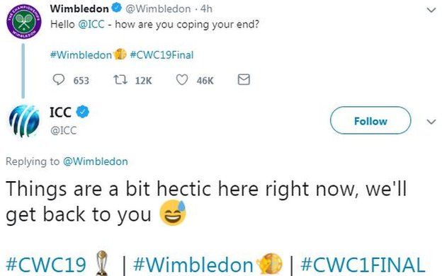Wimbledon tweet saying to ICC "Hello. How are you coping your end?" With ICC replying "Things a bit hectic here right now, we'll get back to you."