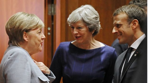 La canciller alemana, Angela Merkel, la primera ministra británica, Theresa May, y el presidente francés, Emmanuel Macron