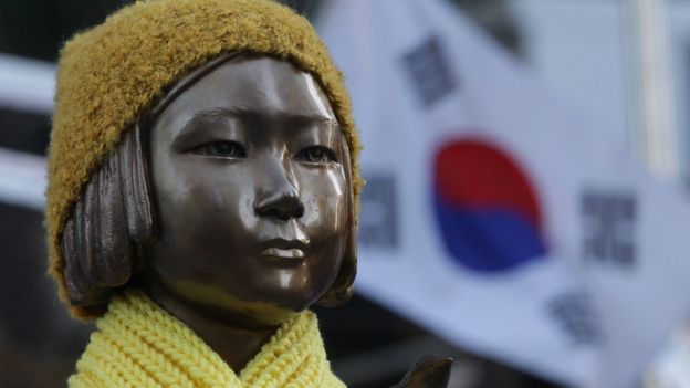 A statue of a girl symbolising the issue of "comfort women" in front of the Japanese Embassy on December 28, 2015 in Seoul, South Korea