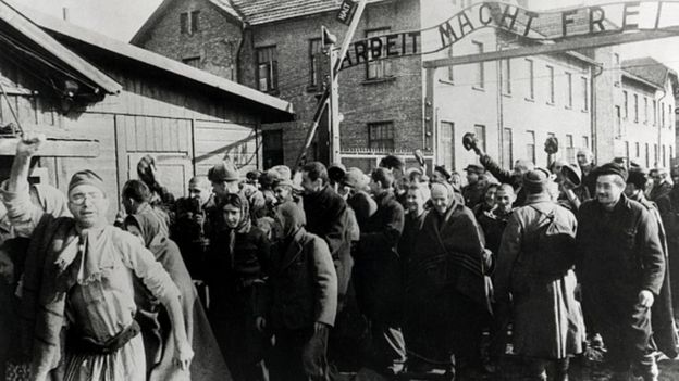 Survivors of Auschwitz leaving the camp at the end of World War II, Poland