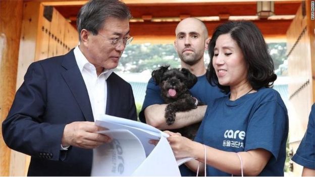 Güney Kore Cumhurbaşkanı Moon Jae-in, bir hayvan barınağından sahiplendiği köpeği CARE yöneticisi Park So-yeon'dan alırken