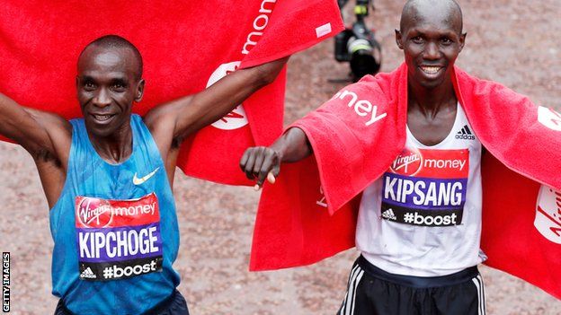 Eliud Kipchoge and Wilson Kipsang after the 2015 London Marathon