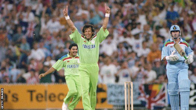 Pakistan captain Imran Khan (centre) celebrates after beating England in the final of the 1992 World Cup