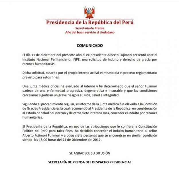 Comunicado del indulto a Fujimori