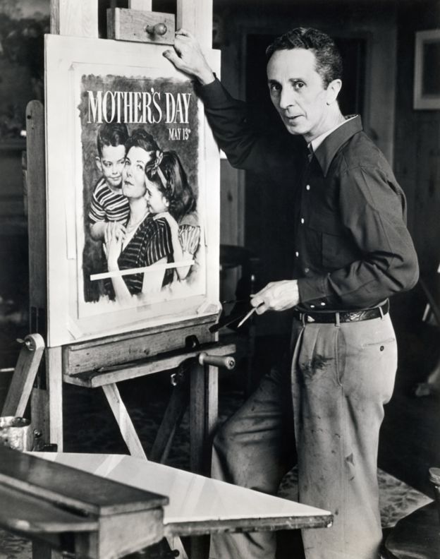Norman Rockwell (1894-1978), pintor e ilustrador americano, trabalhando em um cartaz oficial do dia das mães de 1951