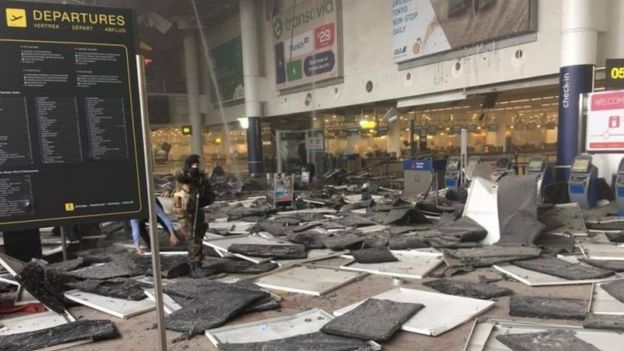 Picture taken with permission from the Facebook site of Jef Versele showing the aftermath of this morning's explosions at Brussels airport, 22 March