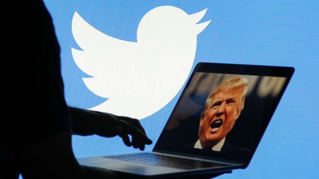 Person on laptop with President Trump's photo on it and Twitter log in background