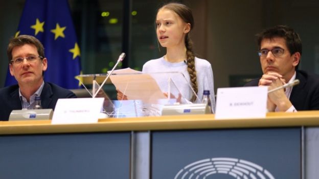 Greta Thunberg speaks a meeting at the European Parliament in Brussels on 4 March, 2020