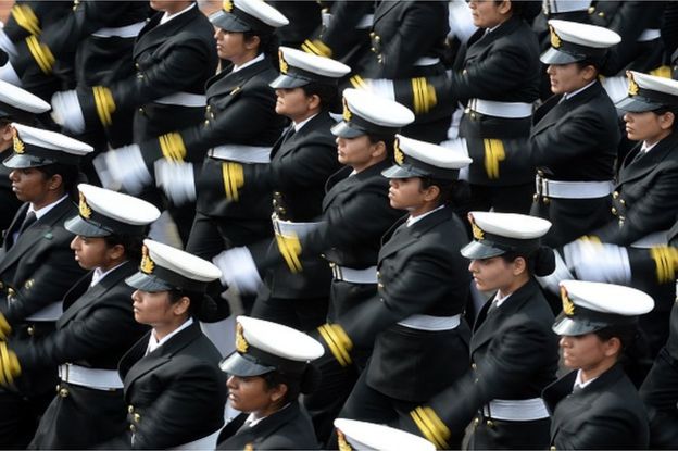 Indian Navy women contingent march in formation down Rajpath during the full Republic Day Dress rehearsal in New Delhi on January 23, 2015.