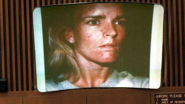 A picture of a beaten Nicole Brown Simpson taken on 01 January 1989 is displayed in court