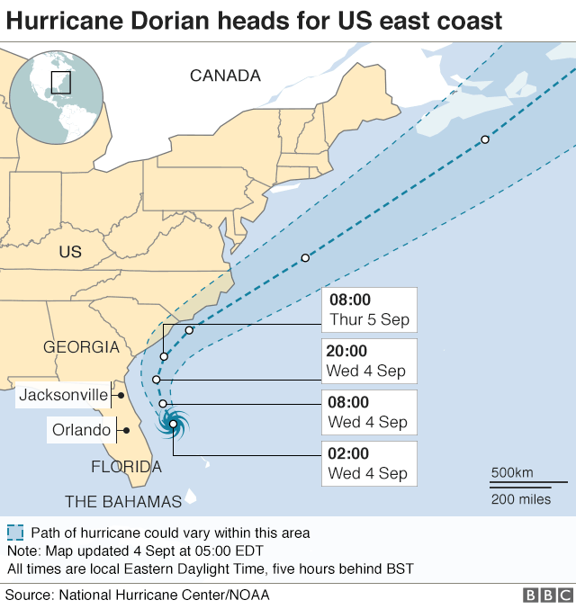 Map showing forecast path of hurricane