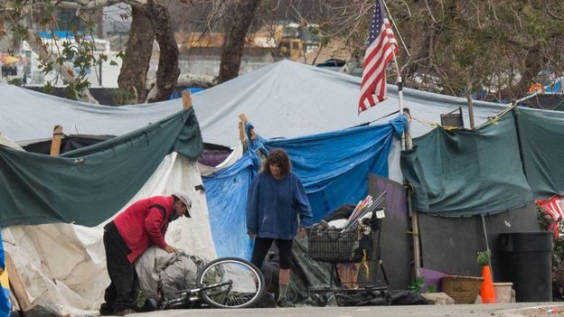 Campamento de personas sin techo en Anaheim, California, en enero de 2018.