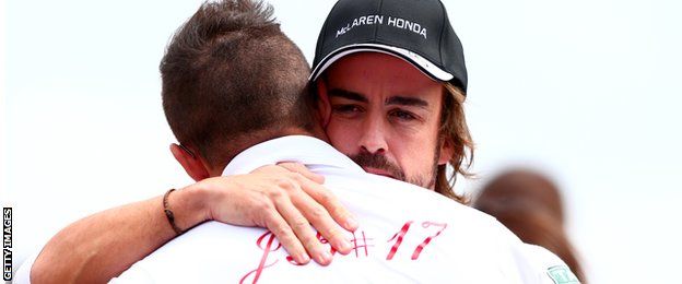 Fernando Alonso hugs Jules Bianchi's brother, Tom