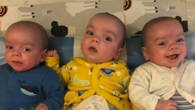 Westbury triplets celebrate first Christmas at home - BBC News