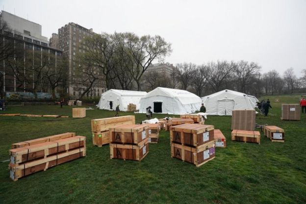 A field hospital has been built in Central Park as New York City deals with more than 33,000 cases