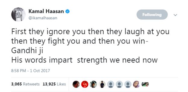 காந்தியின் கருத்துக்களை கூறும் , கமலின் பதிவு