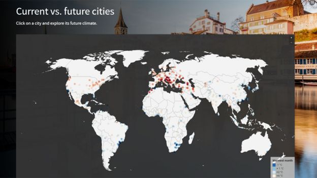 Mapa de aumentos de temperatura en las ciudades para 2050
